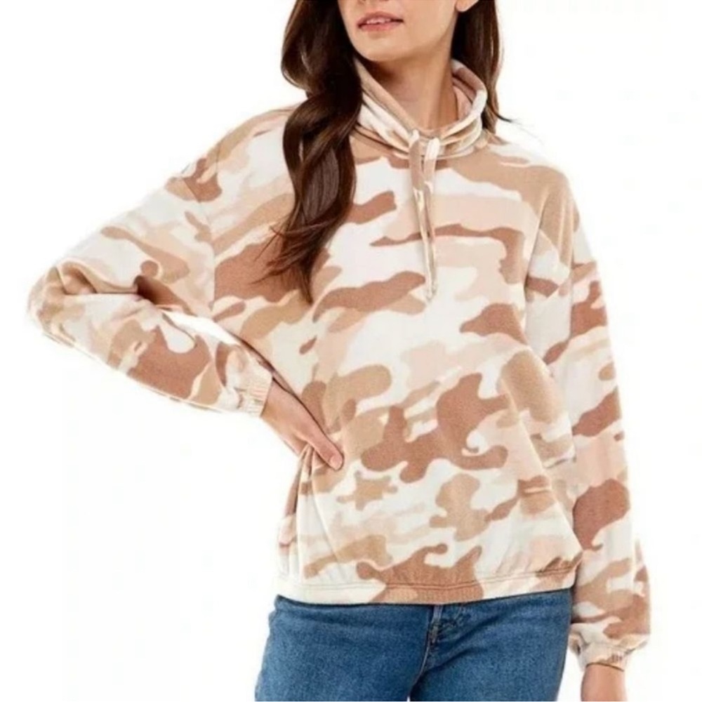 NWT Derek Heart Neutral Camo Sweater Cowl Neck Drawstring Elastic Wrist